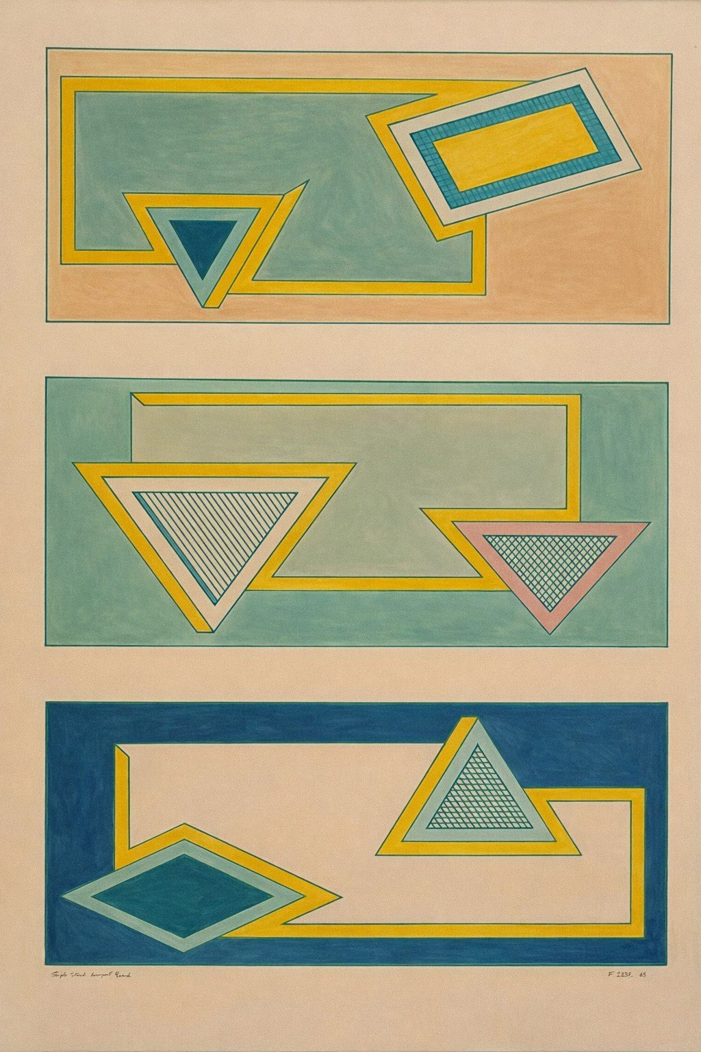 Triple Stack, Newport Beach, three stacked geometric compositions in green, yellow and blue.