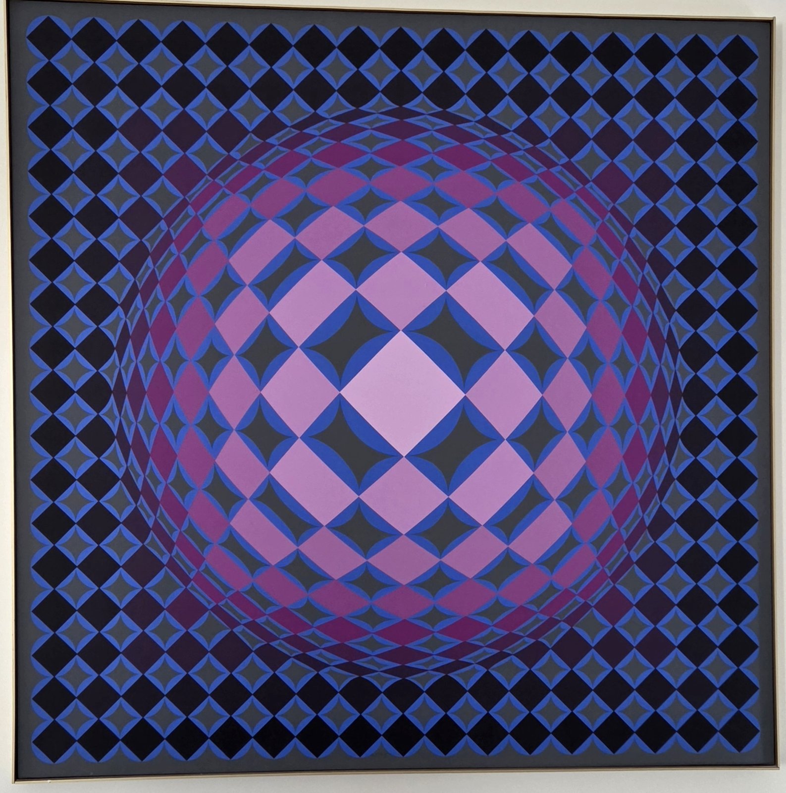 YVA-C, an optical painting with a blue and violet grid swelling into a pink sphere.